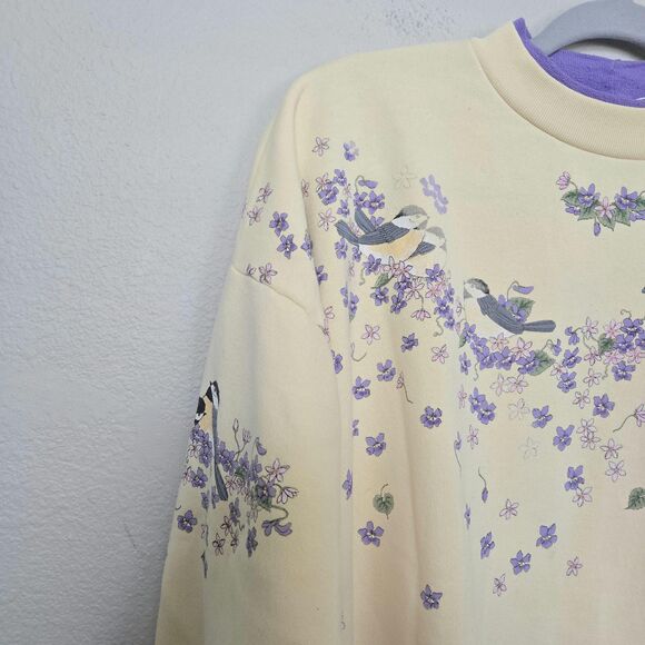 Vintage 90s Floral birds botanical Pullover Sweater Pale yellow size large - Picture 8 of 12